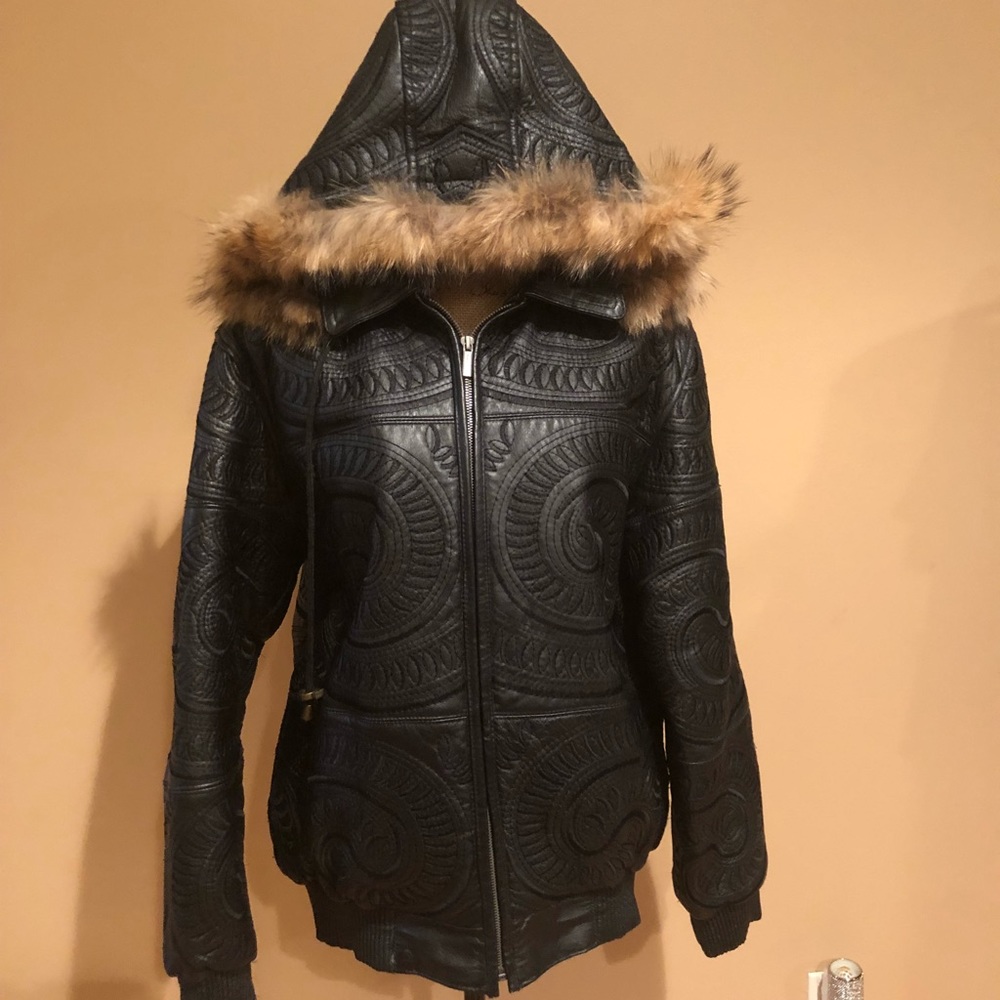 Women’s Leather Jacket with Faux Fur Hood
